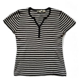 Not for sale! Ribbed Black and White Striped Short Sleeve Henley